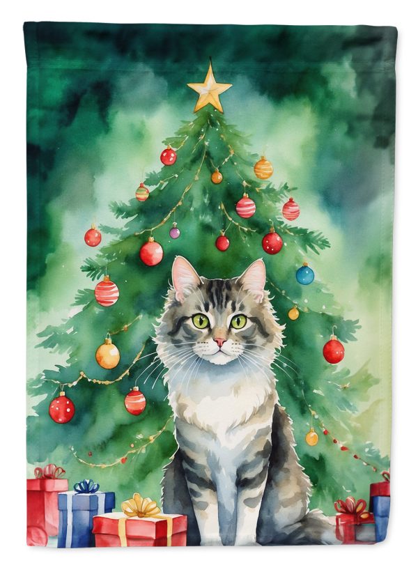 La Perm Cat By the Christmas Tree House Flag on Sale