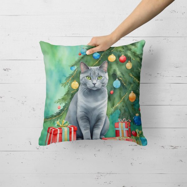 Chartreux Cat By the Christmas Tree Throw Pillow For Discount - Image 3