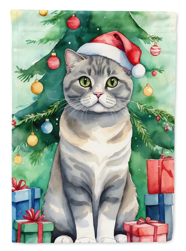 Scottish Fold Christmas Garden Flag - Cat by the Christmas Tree - Cat-Themed Holiday Yard Decor Cheap
