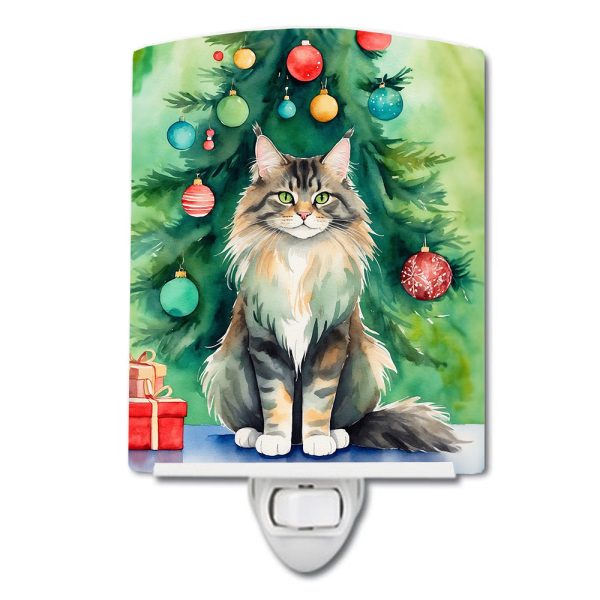 MaineCoon Cat By the Christmas Tree Ceramic Night Light For Sale