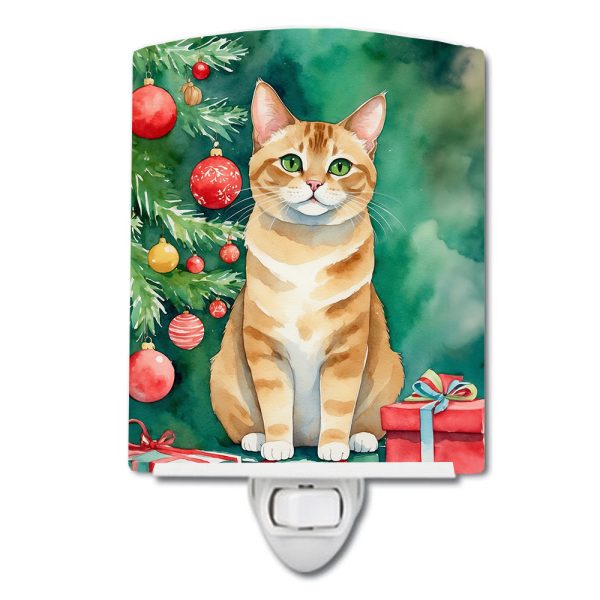 Malayan Cat By the Christmas Tree Ceramic Night Light For Sale