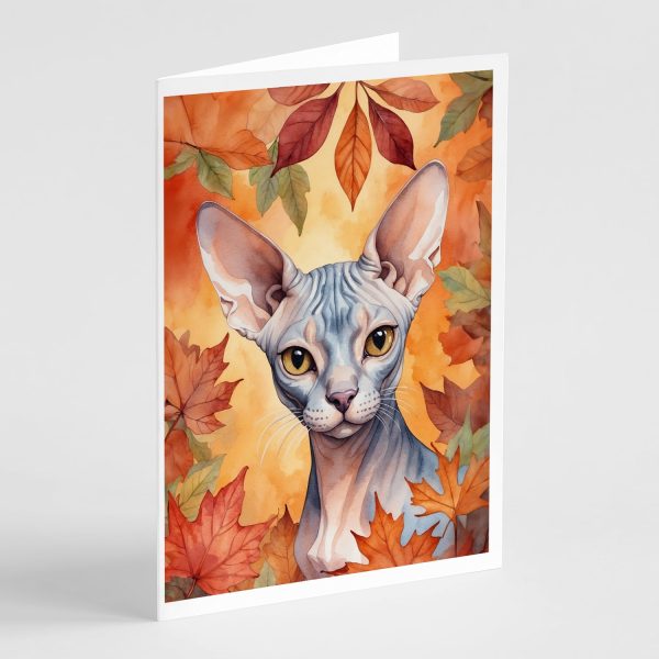 Sphynx Cat in Fall Leaves Greeting Cards Pack of 8 Hot on Sale
