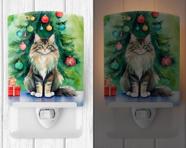 MaineCoon Cat By the Christmas Tree Ceramic Night Light For Sale - Image 2