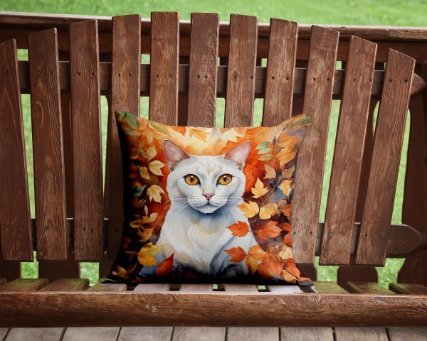 Khao Manee Cat in Fall Leaves Throw Pillow For Sale - Image 2