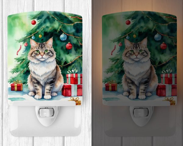Kurilian Bobtail Cat By the Christmas Tree Ceramic Night Light Online Sale - Image 2