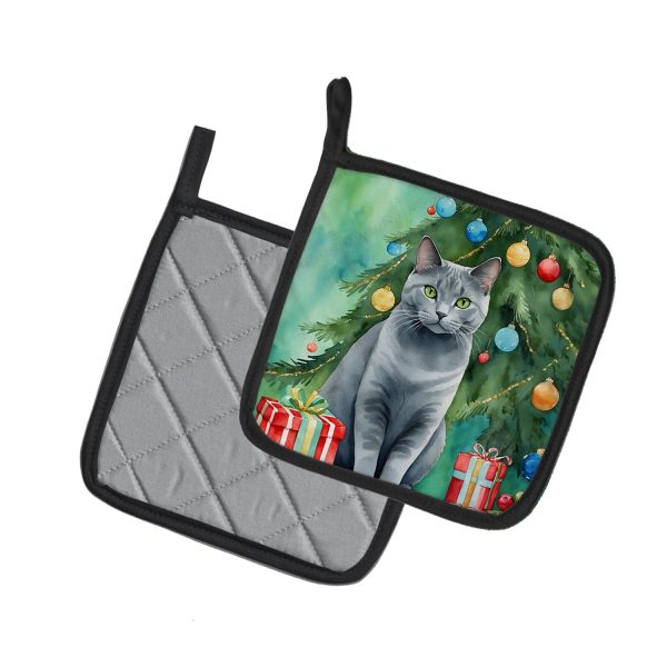 Chartreux Cat By the Christmas Tree Pair of Pot Holders Online Sale - Image 2