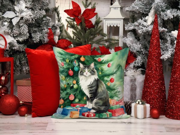 Norwegian Forest Cat By the Christmas Tree Throw Pillow Cheap - Image 4
