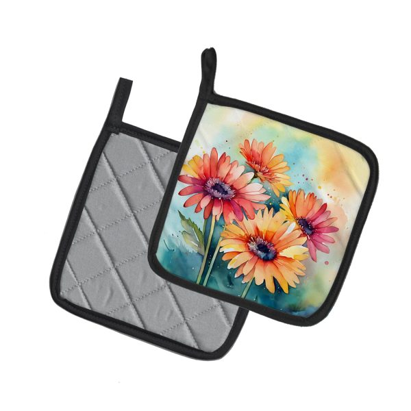 Gerbera Daisies in Watercolor Pair of Pot Holders Online - Image 2