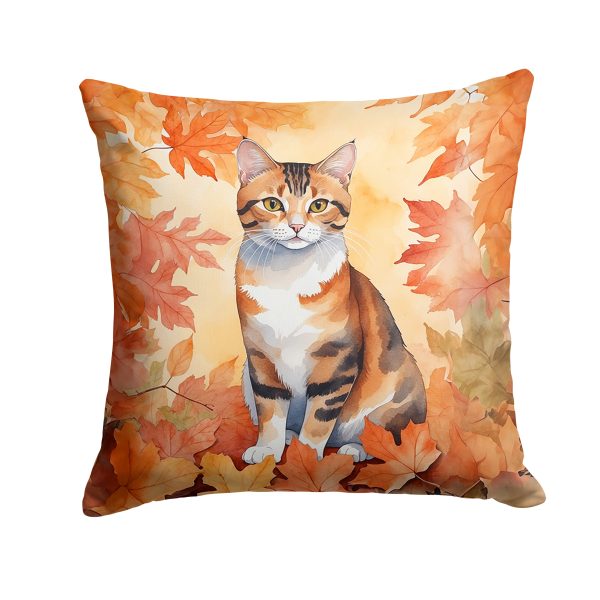 Korean Bobtail Cat in Fall Leaves Throw Pillow For Sale