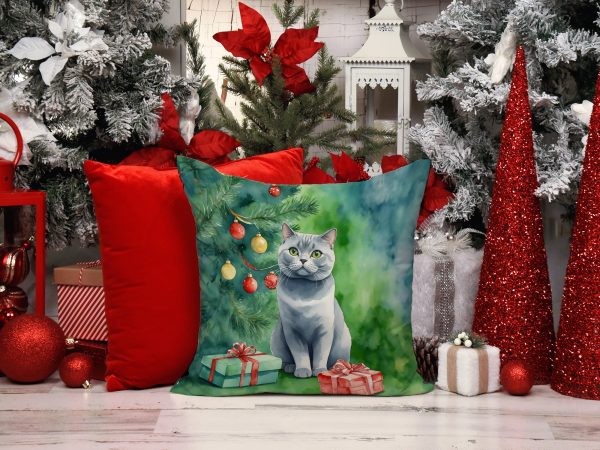 British Shorthair Cat By the Christmas Tree Throw Pillow Online - Image 2