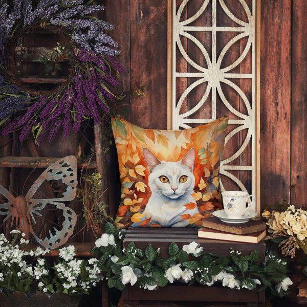 Khao Manee Cat in Fall Leaves Throw Pillow For Sale - Image 5