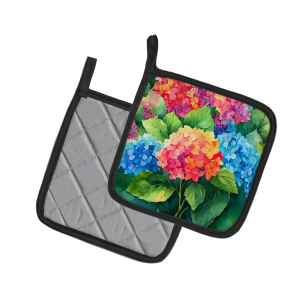 Hydrangeas in Watercolor Pair of Pot Holders For Sale - Image 2