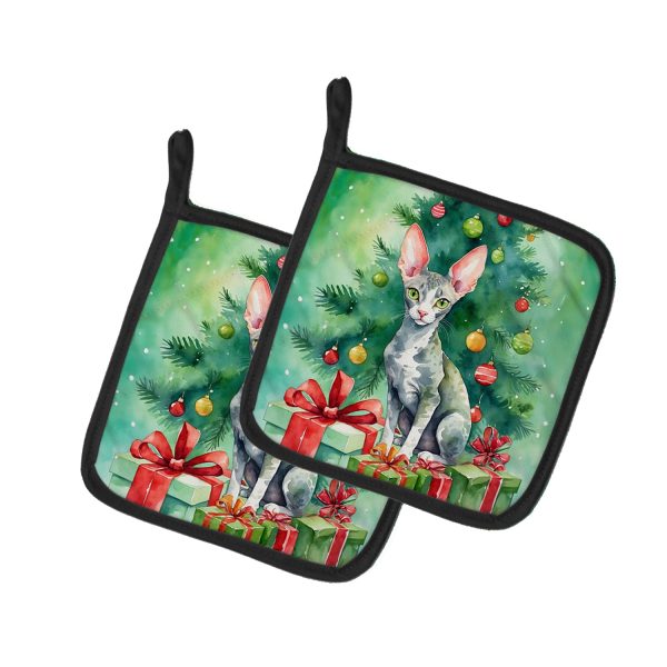 Cornish Rex Cat By the Christmas Tree Pair of Pot Holders Online now