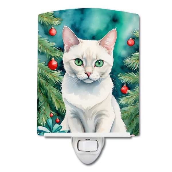 Foreign White Cat By the Christmas Tree Ceramic Night Light Online