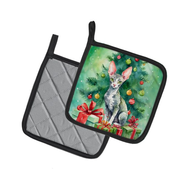 Cornish Rex Cat By the Christmas Tree Pair of Pot Holders Online now - Image 2