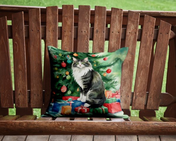 Norwegian Forest Cat By the Christmas Tree Throw Pillow Cheap - Image 2