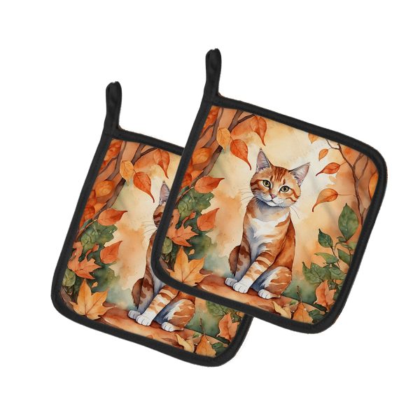 Suphalak Cat in Fall Leaves Pair of Pot Holders Hot on Sale