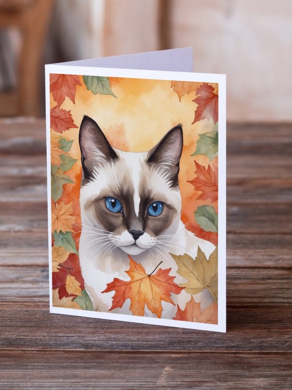Snowshoe Cat in Fall Leaves Greeting Cards Pack of 8 For Cheap - Image 2