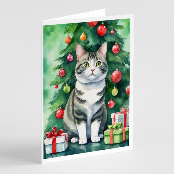 Korean Bobtail Cat By the Christmas Tree Greeting Cards Pack of 8 Online