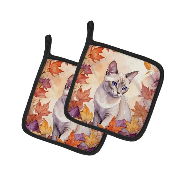 Thai Lilac Cat in Fall Leaves Pair of Pot Holders Supply