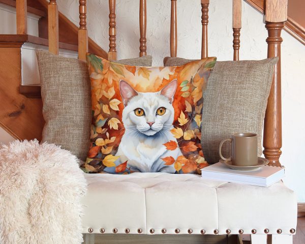 Khao Manee Cat in Fall Leaves Throw Pillow For Sale - Image 3