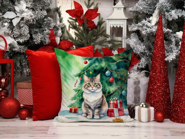 Kurilian Bobtail Cat By the Christmas Tree Throw Pillow Cheap - Image 2