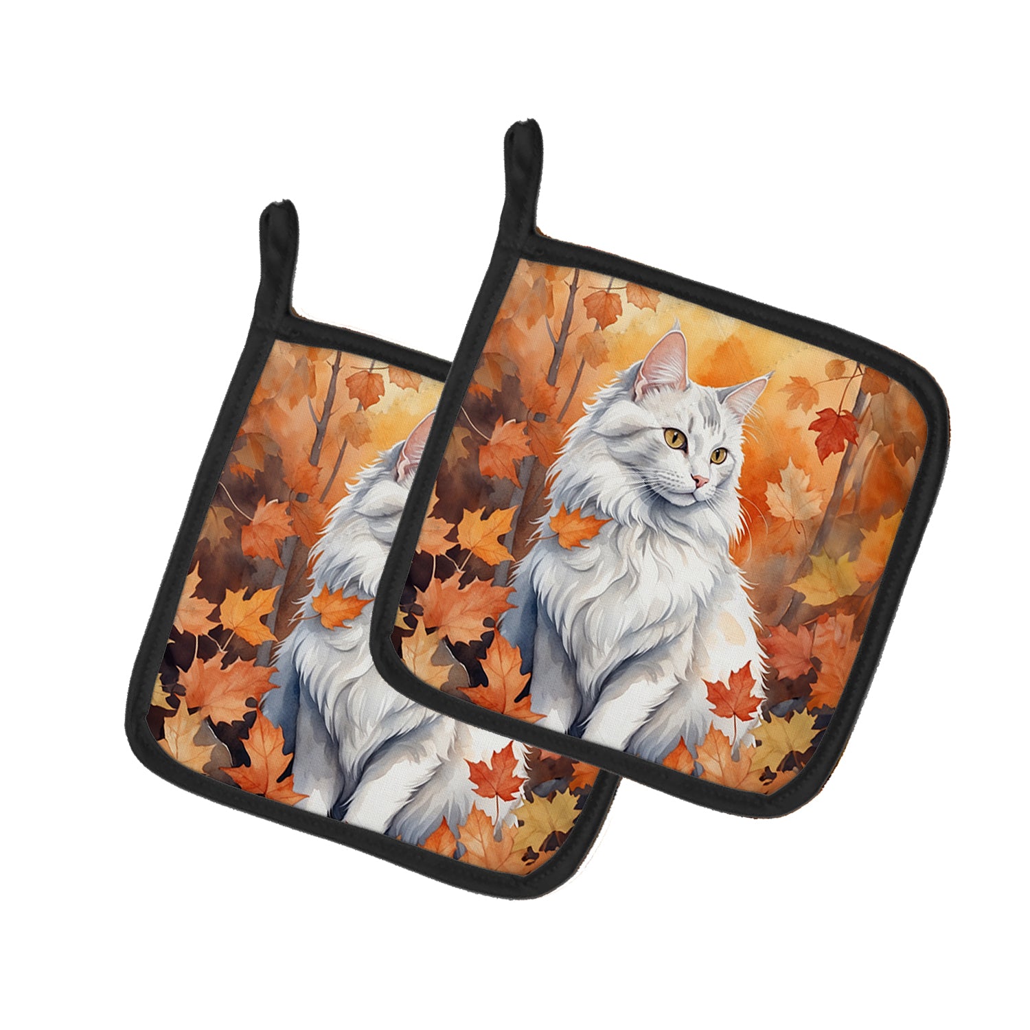 Turkish Angora Cat in Fall Leaves Pair of Pot Holders Cheap