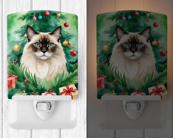 Balinese Cat By the Christmas Tree Ceramic Night Light Cheap - Image 2