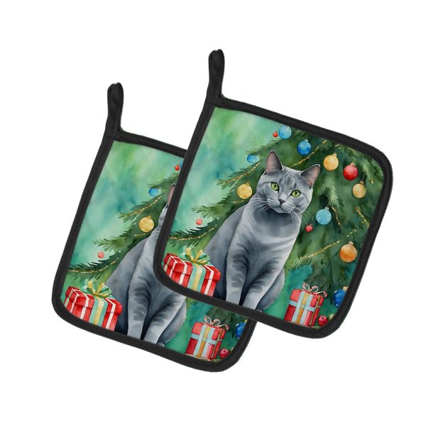 Chartreux Cat By the Christmas Tree Pair of Pot Holders Online Sale