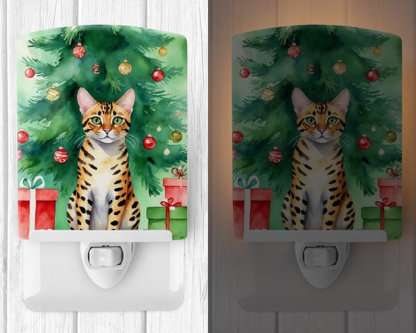 Bengal Cat By the Christmas Tree Ceramic Night Light Discount - Image 2