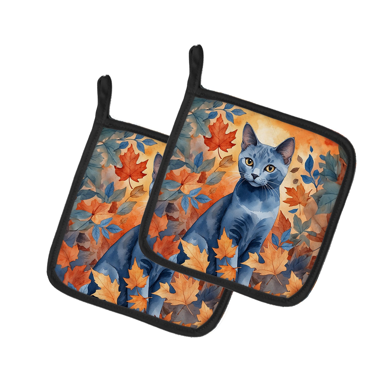 Russian Blue Cat in Fall Leaves Pair of Pot Holders Fashion