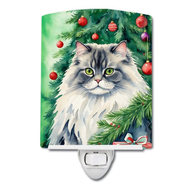 British Longhair Cat By the Christmas Tree Ceramic Night Light Hot on Sale