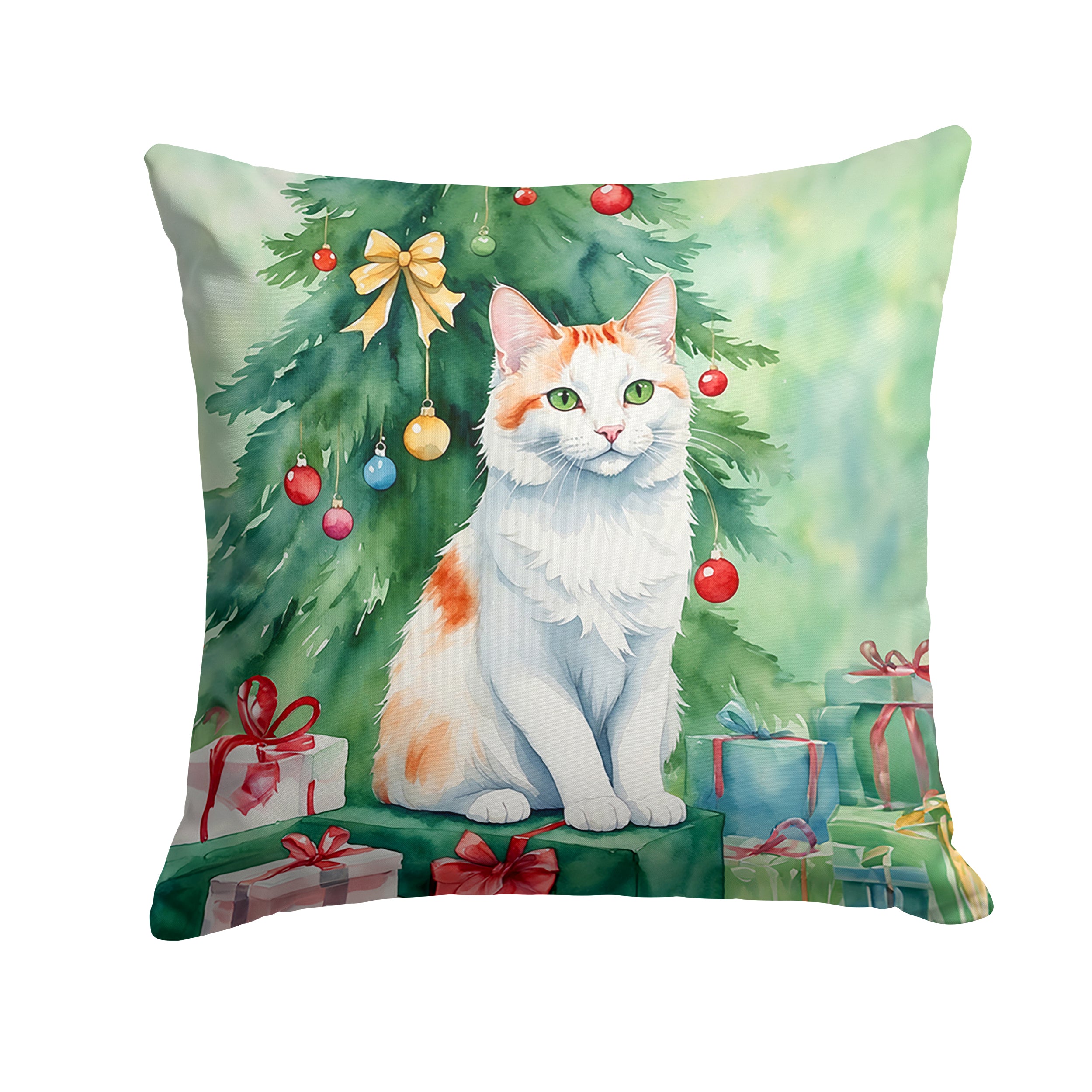 Turkish Van Cat By the Christmas Tree Throw Pillow For Sale