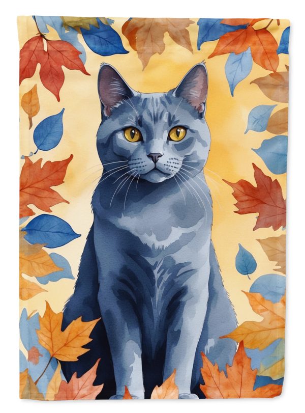 Chartreux Cat in Fall Leaves House Flag Discount