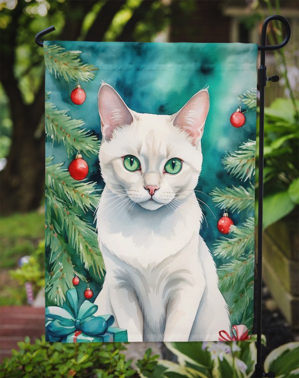 Foreign White Cat Christmas Garden Flag - Cat by the Christmas Tree - Cat-Themed Holiday Yard Decor Hot on Sale - Image 3