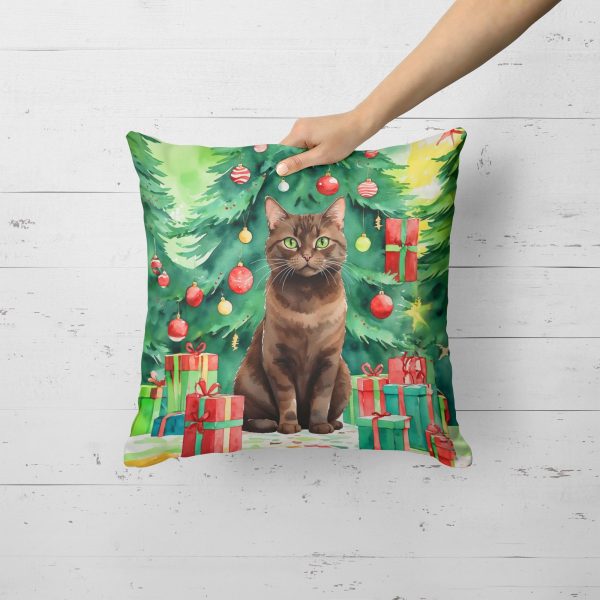 York Chocolate Cat By the Christmas Tree Throw Pillow Cheap - Image 3