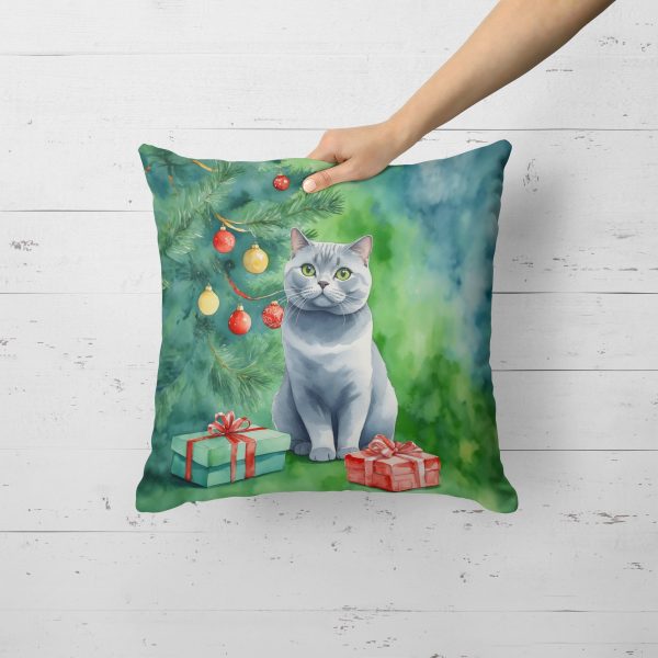 British Shorthair Cat By the Christmas Tree Throw Pillow Online - Image 3