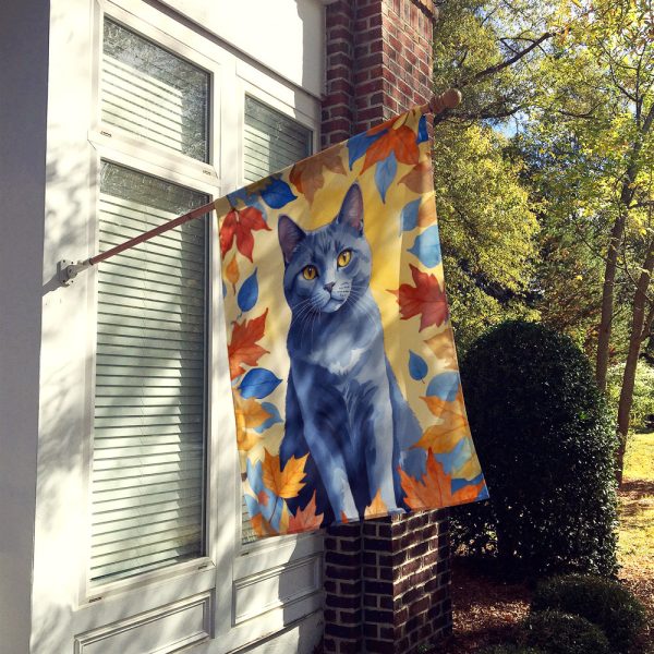 Chartreux Cat in Fall Leaves House Flag Discount - Image 2