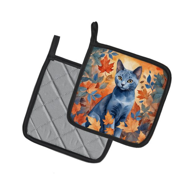 Russian Blue Cat in Fall Leaves Pair of Pot Holders Fashion - Image 2