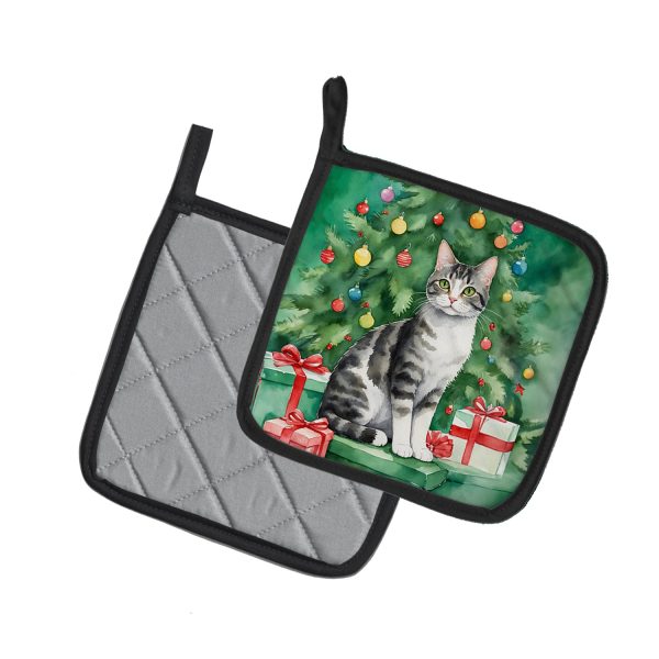 American Wirehair Cat By the Christmas Tree Pair of Pot Holders on Sale - Image 2