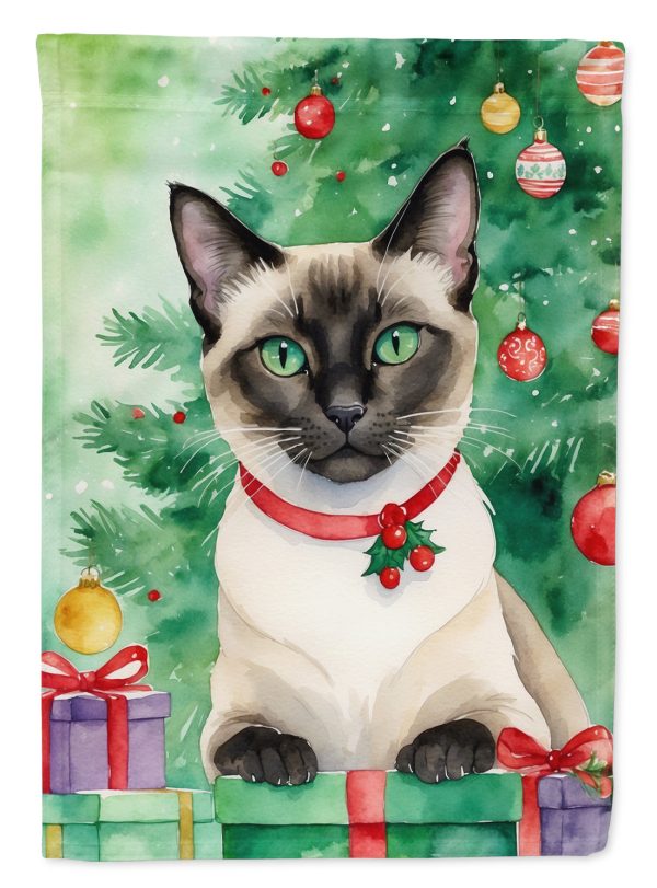 Siamese Cat By the Christmas Tree House Flag Discount