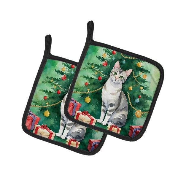 European Shorthair Cat By the Christmas Tree Pair of Pot Holders Fashion