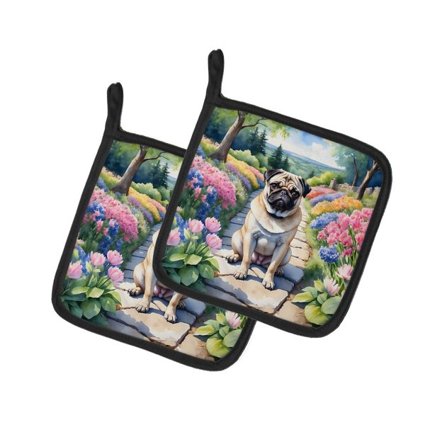 Pug Spring Path Pair of Pot Holders For Sale