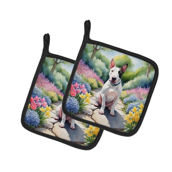 English Bull Terrier Spring Path Pair of Pot Holders on Sale