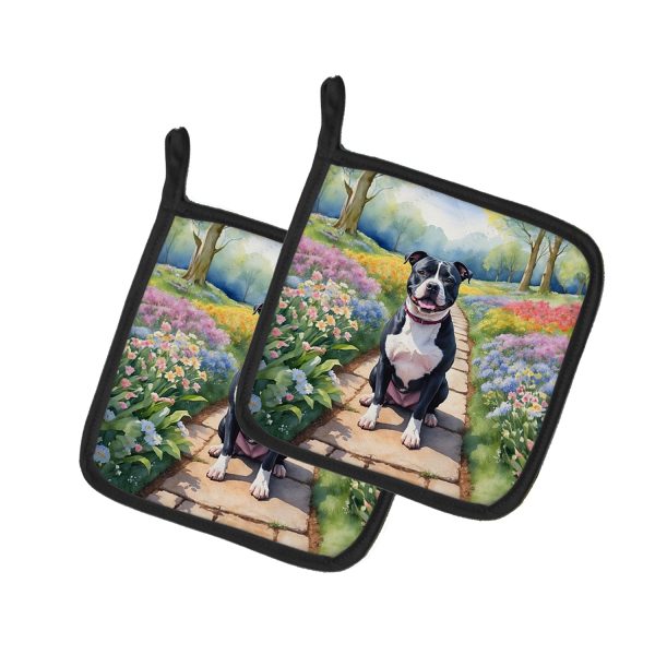 Staffordshire Bull Terrier Spring Path Pair of Pot Holders on Sale