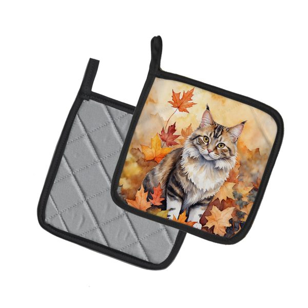 Kurilian Bobtail Cat in Fall Leaves Pair of Pot Holders For Discount - Image 2