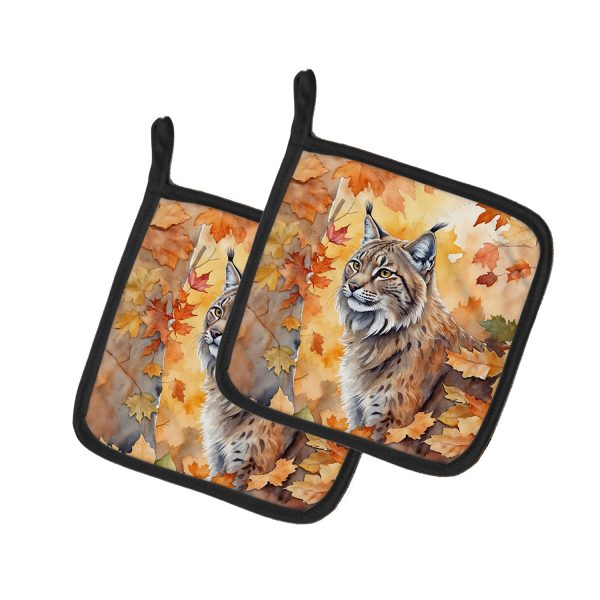 Highlander Lynx Cat in Fall Leaves Pair of Pot Holders For Sale
