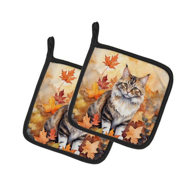 Kurilian Bobtail Cat in Fall Leaves Pair of Pot Holders For Discount