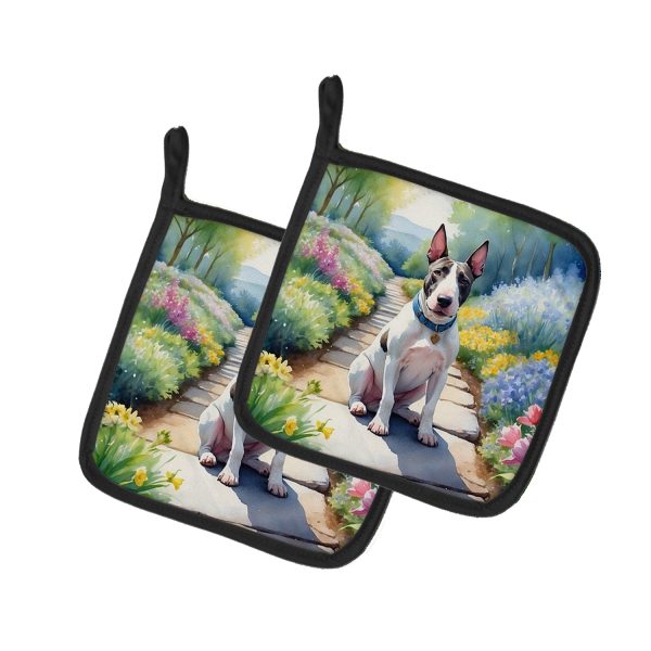 Bull Terrier Spring Path Pair of Pot Holders on Sale