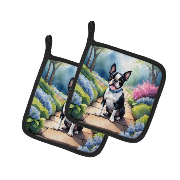 Boston Terrier Spring Path Pair of Pot Holders For Discount